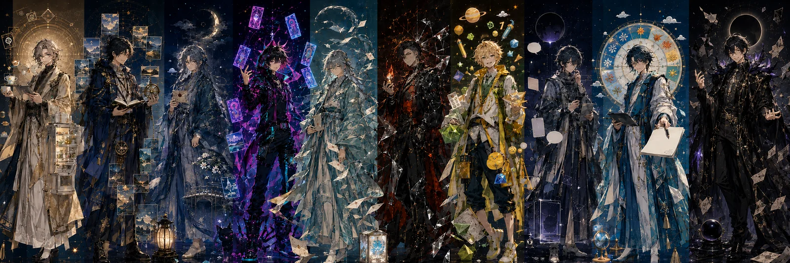 十体の AI を擬人化した絵。左から順に、生活の道具を抱えた者、八卦の羅針と風景の札を持つ者、橋と月の景色を封筒に収める者、ネオンのタロットを操る者、手紙を漂わせる者、赤い亀裂をまとう者、緑の多面体を掲げて笑う者、空の吹き出しと白紙を手にする者、二十四節気の輪を背負って端末を差し出す者、日蝕を背に紙を破って撒く者。